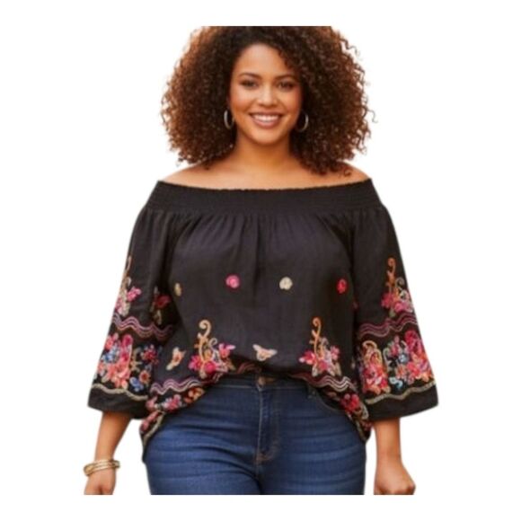 Colorful Bright Embroidered Cotton Blouse Top Smocked Off Shoulder Black XXL 2X - Picture 1 of 14